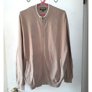 Norm Thompson Cotton Golf Sweater Men's L large Zipper Front tan white cardigan